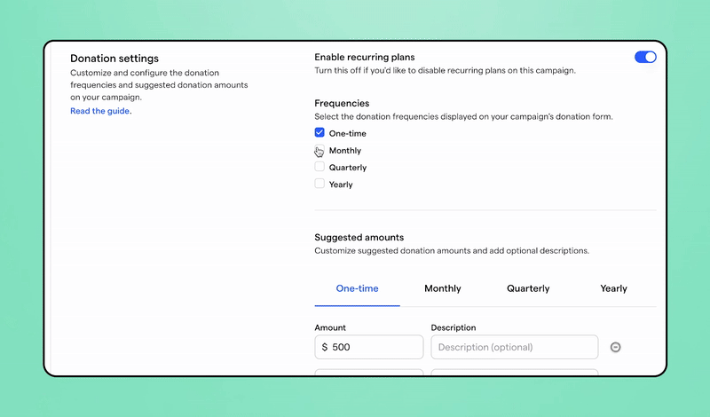 Image of recurring donations enabled on donation form
