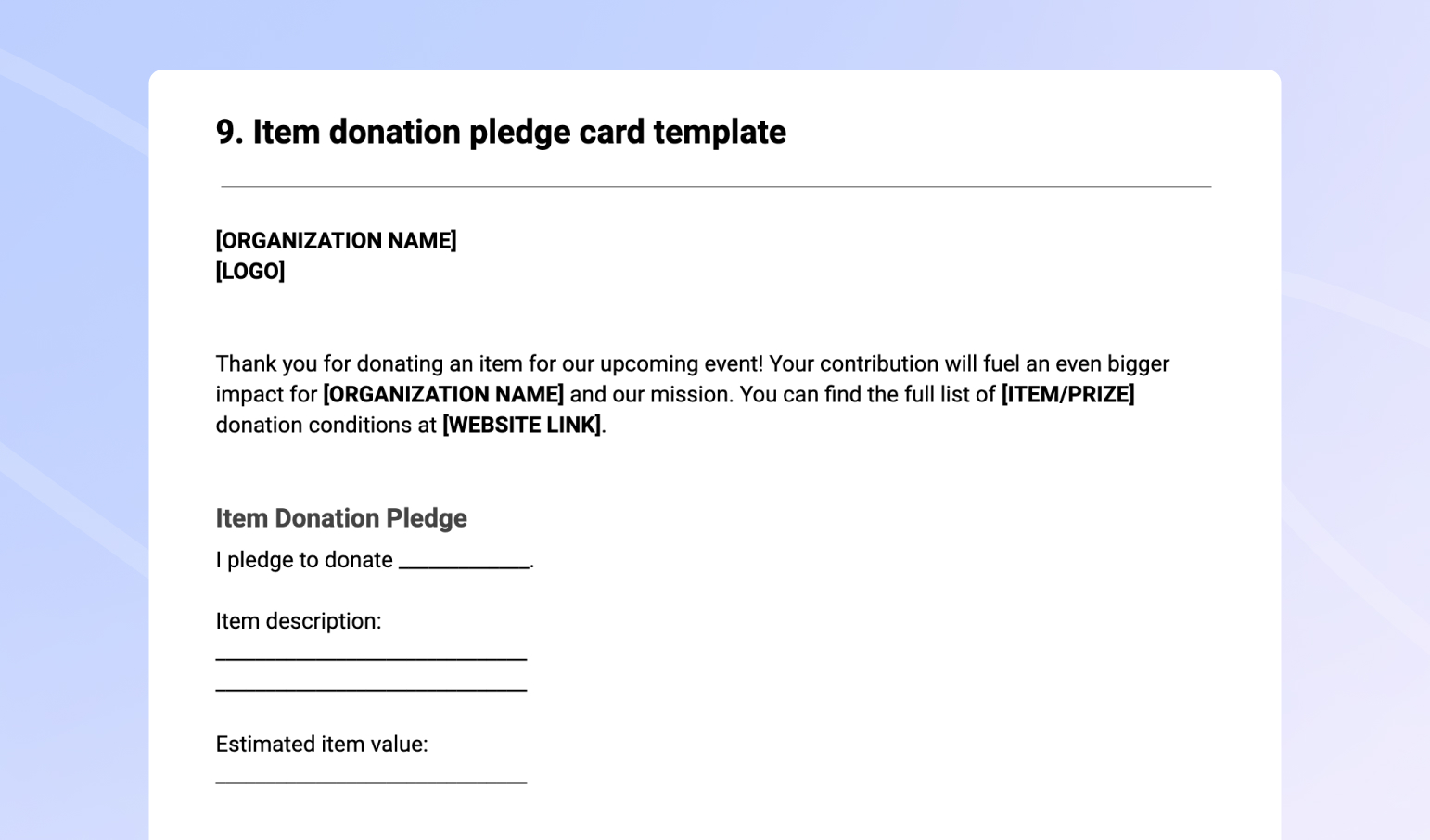 Item donation pledge card template