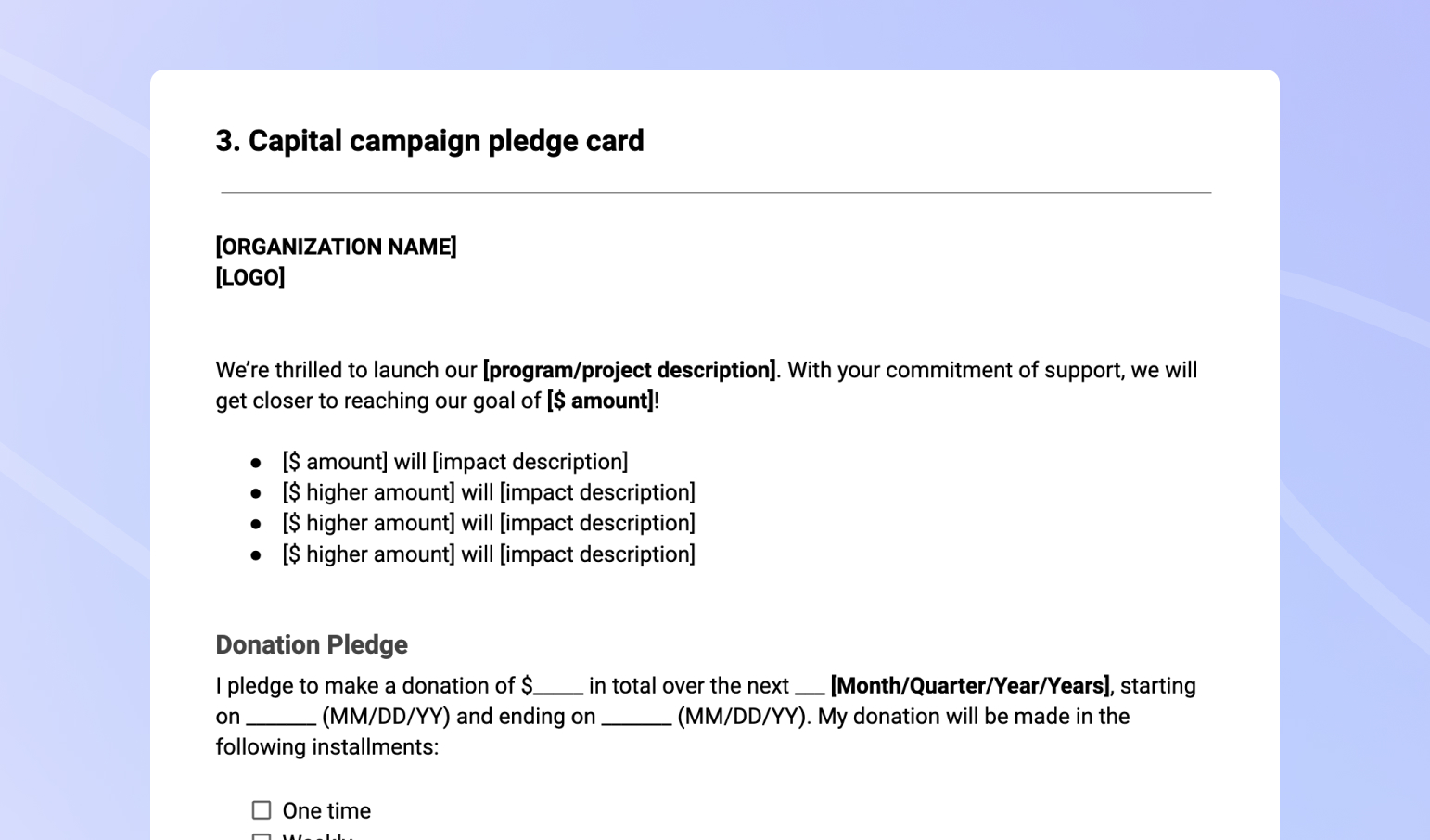 Capital campaign pledge card