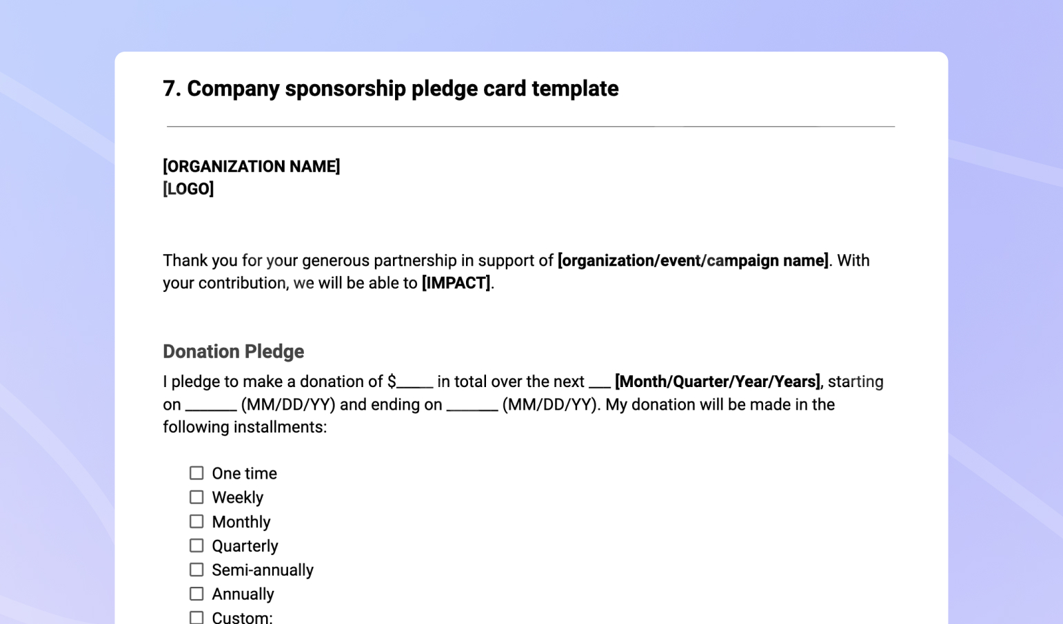 Company sponsorship pledge card template