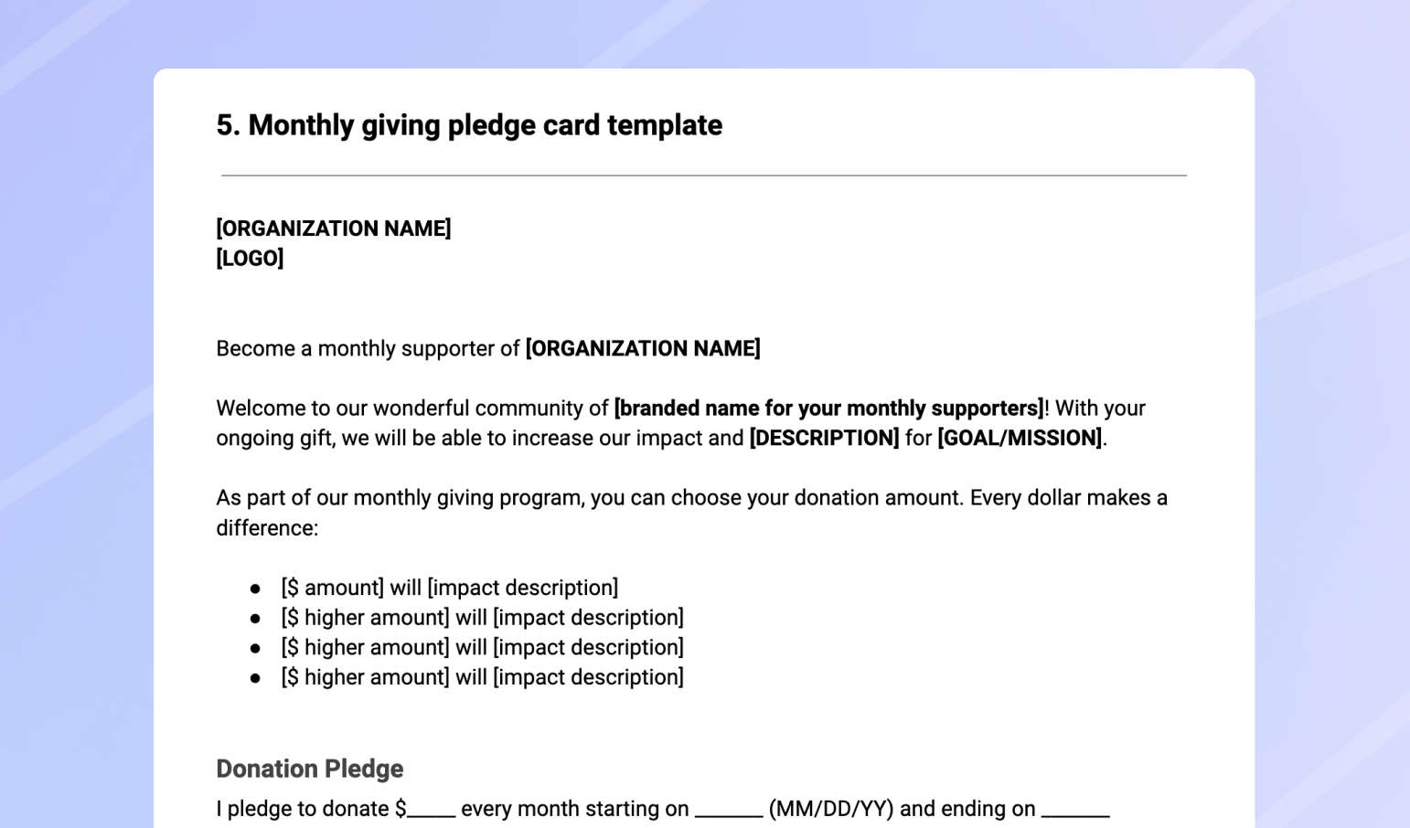 Monthly giving pledge card template
