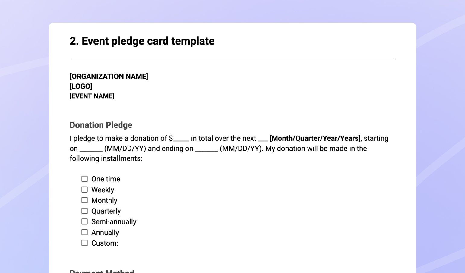 Event pledge card template