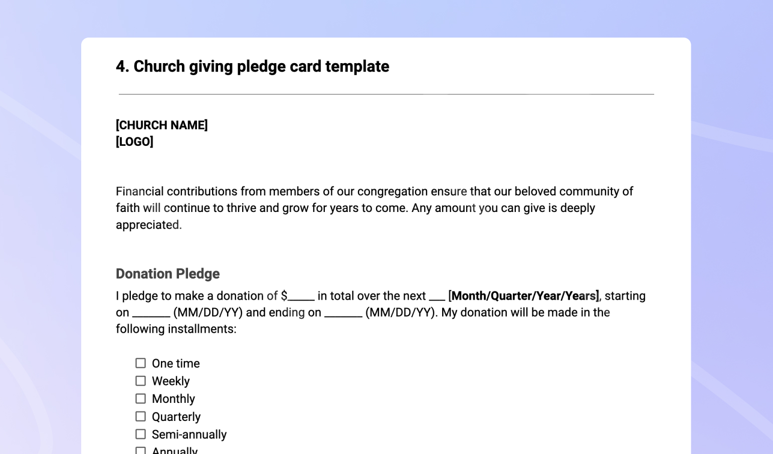 Church pledge card template