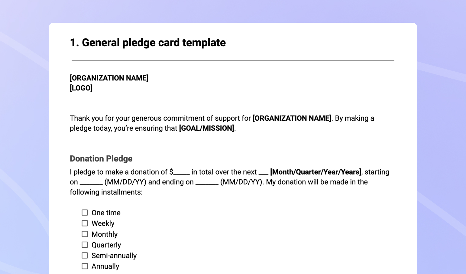 General pledge card template