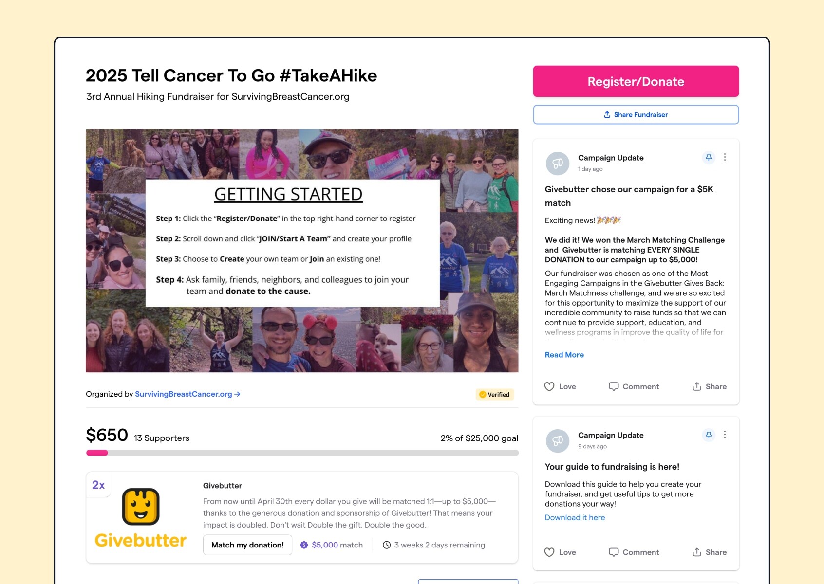 Image of Tell Cancer to Go #TakeAHike's campaign page