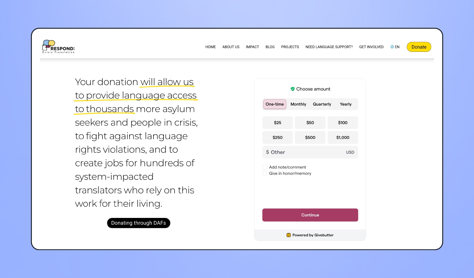 Image of Respond: Crisis Translations' donation page