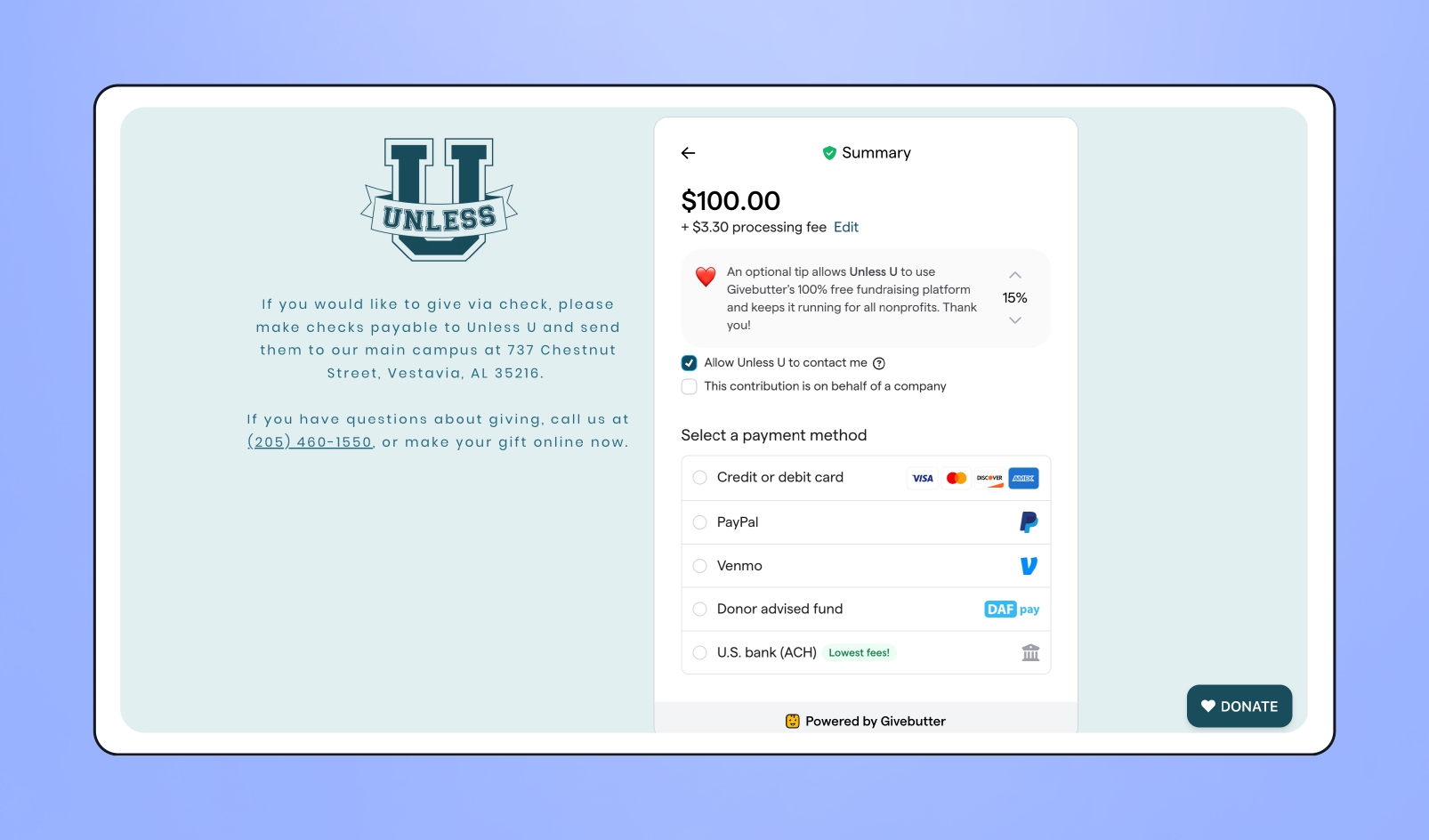 Image of UnlessU's donation page