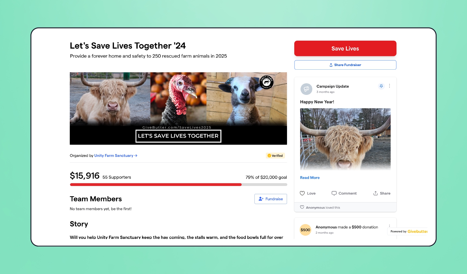 Image of Unity Farm Sanctuary's donation page