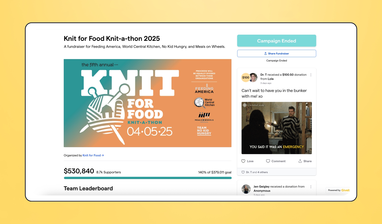 Image of Knit for Food Knit-a-thon's donation page
