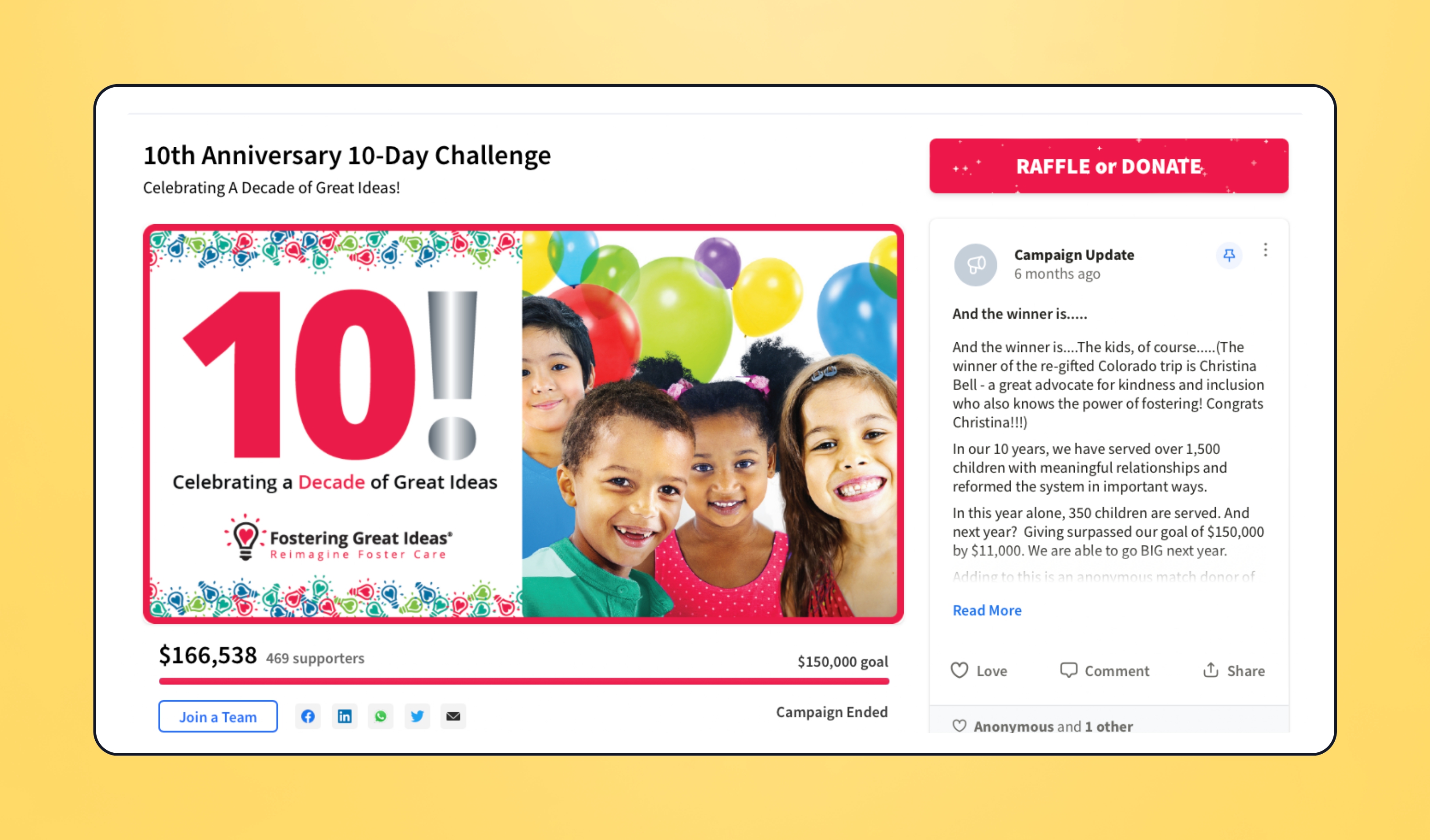 Fostering Great Ideas's P2P fundraising campaign