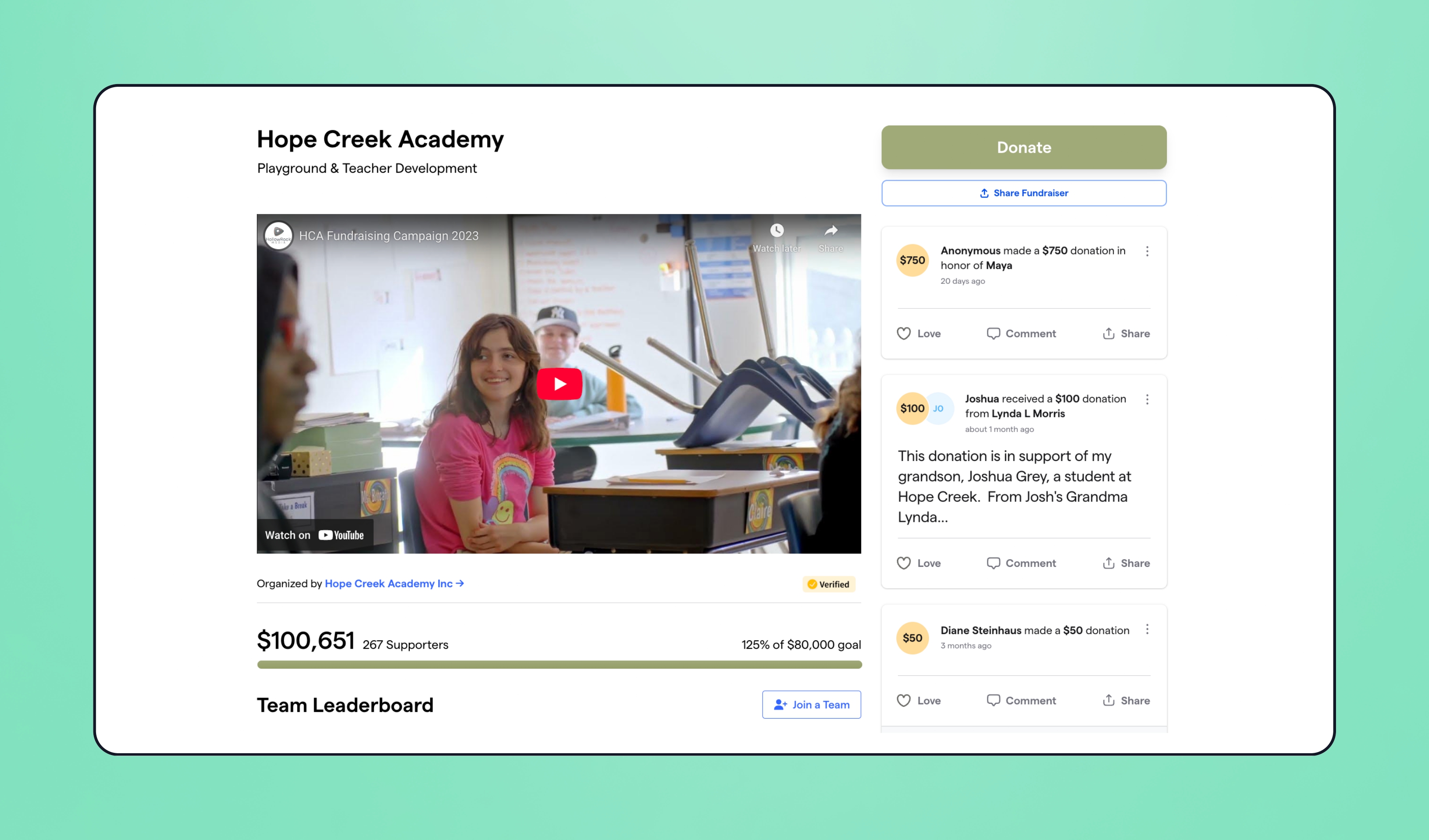 Image of Hope Creek Academy's peer-to-peer fundraising page