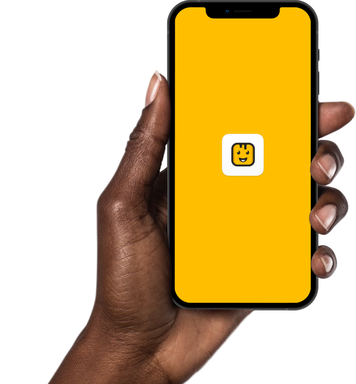 Closeup of a woman's hand holding a phone against a yellow background