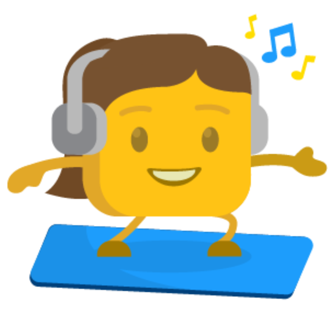 Sasha's buttermoji wearing headphones on a yoga mat