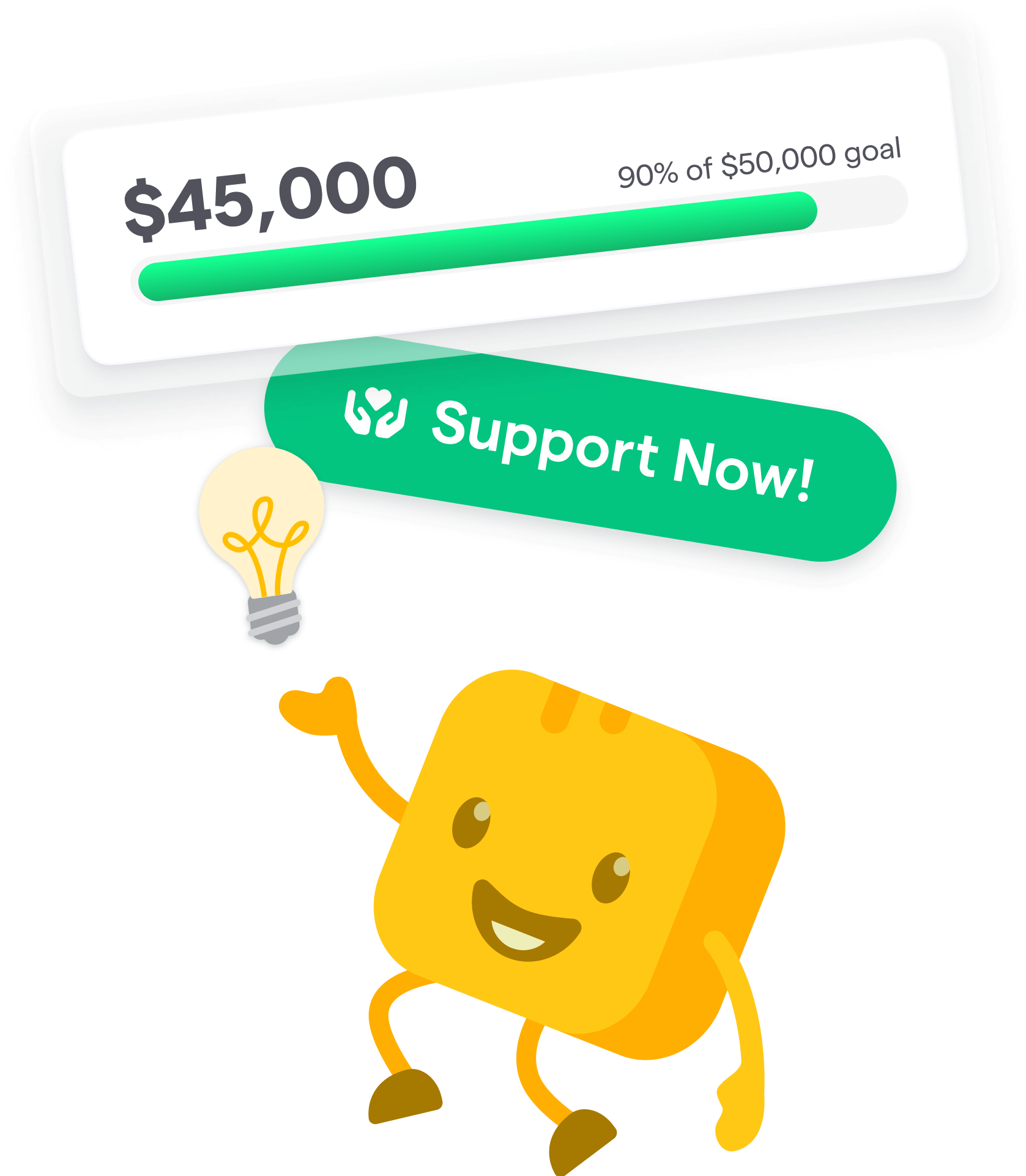 Givebutter fundraising progress graphic showing $45,000 raised out of a $50,000 goal (90% complete), with a smiling yellow character holding a light bulb and a green 'Support Now!' button.