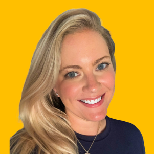 Rachel's headshot against a yellow background