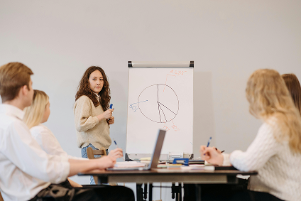 Individual explaining donor segmentation to their team