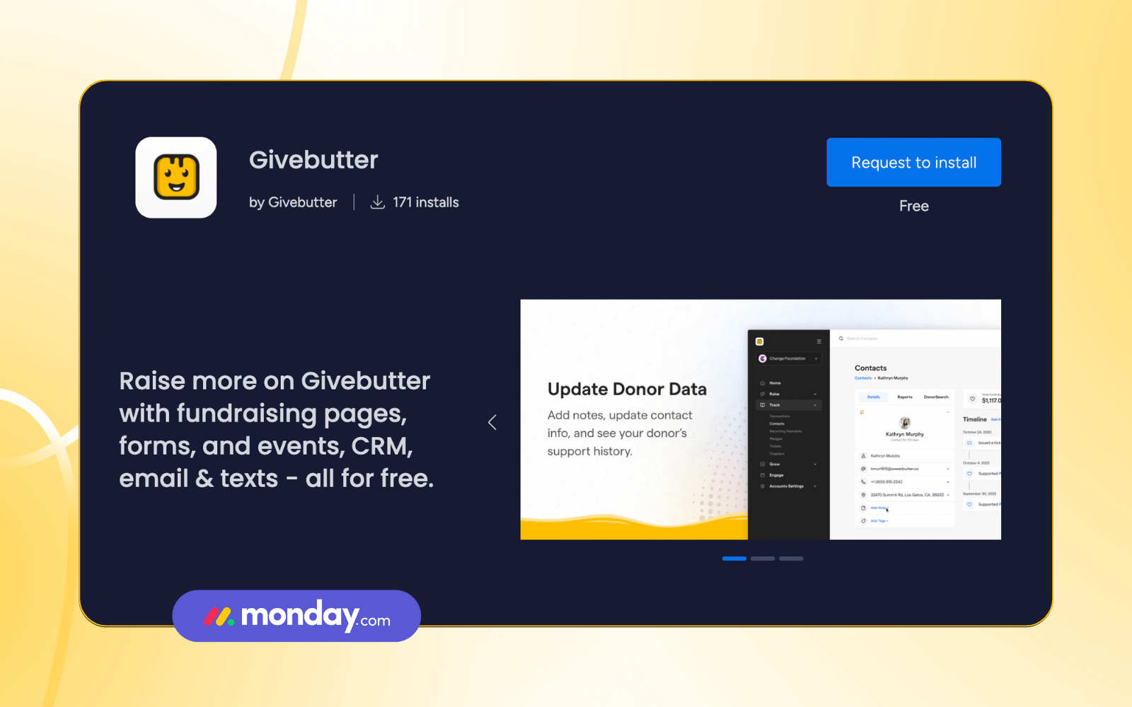 Screenshot of Givebutter app in monday.com marketplace