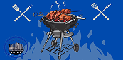 Cartoon grill with meat skewers on a blue background